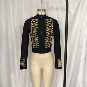 Women's black military jacket with gold braid frog buttons and stand collar trim