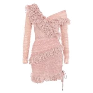 Pale pink lace mini dress with one-shoulder design and tiered ruched mesh detailing