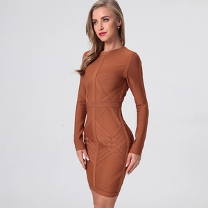 Women Sexy Round Neck Long Sleeve Bandage Bodycon Mini Dress Woven Texture Solid Color Slim Fit Club Party Evening Dress