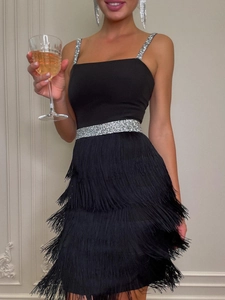 Elegant black sleeveless fringe dress with silver sequin straps for parties