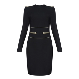Women black long sleeve bandage mini dress with gold buttons and military details