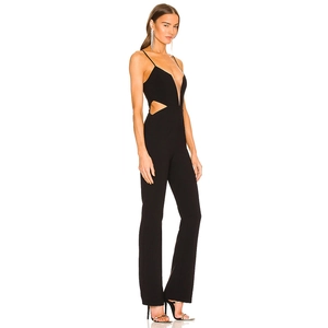 Women's black sleeveless cutout jumpsuit with backless design and flared trousers