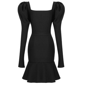 Elegant black puff sleeve dress with square neckline and ruffled hemline in bandage fabric