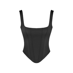 Slim fit black square neck tank top with corset seams and stylish V-shape hemline