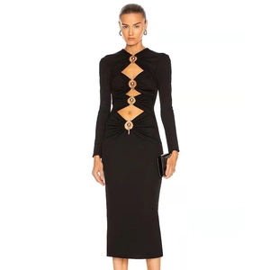 Robe Maxi Sexy à Manches Longues et Évidements pour Femmes Avec Anneau Métallique Robe de Soirée Moulante Bandage