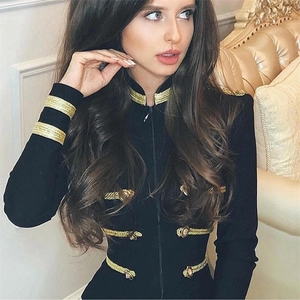 Women's black military style slim fit jacket with gold braiding and metallic buttons