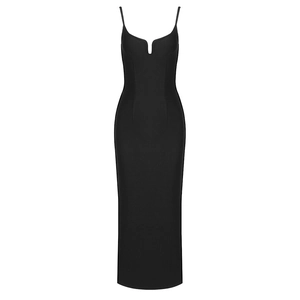 Robe longue bandage noire moulante à dos nu avec fines bretelles et un petit décolleté en V