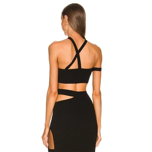 Ensemble deux pièces noir pour femme avec haut à lanières croisées et jupe longue fendue