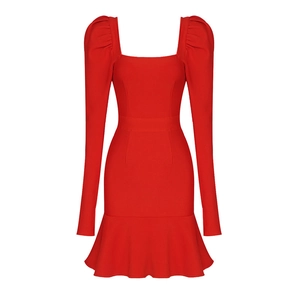 Red square neck mini dress with puff sleeves and ruffled hem on invisible mannequin