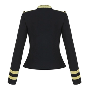 Women's black military jacket with gold metallic braid and buttons, back view display