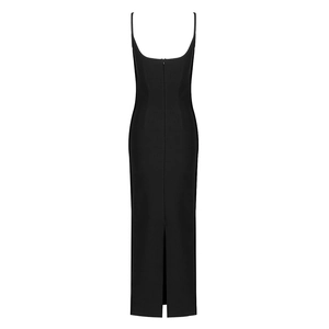 Robe longue noire moulante à fines bretelles avec dos nu et fente latérale élégante