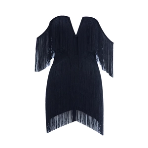 Mini robe bandage noire dos nu avec col en V et détails de franges pour soirées et fêtes
