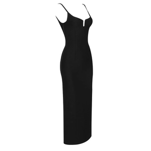 Robe longue moulante noire dos nu élégante avec fines bretelles et décolleté en V discret