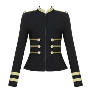 Slim fit black military style jacket with gold braid trim and metallic buttons
