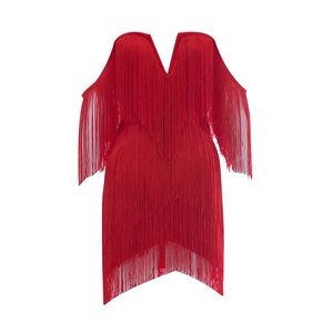 Mini robe d'été rouge pour femme avec col en V et détails de franges pour soirées