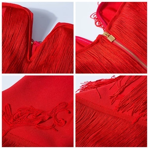 Détails de la robe bandage rouge à col en V avec franges et broderies de dentelle