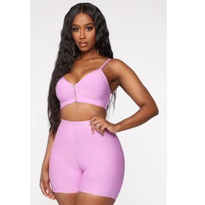 Women Lavender Purple Casual Co-ords Zipper V Neck Camisole Top And High Waist Biker Shorts Sporty Sleeveless Outfit