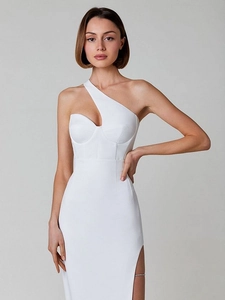 Sexy One Shoulder Bodycon Midi Dress For Women Elegant Backless Side Split Rhinestone Chain Evening Party Dress Clubwear