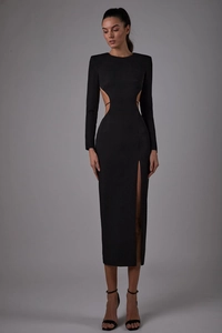Elegant Cut-out Backless Maxi Dress Sexy High Slit Bandage Bodycon Long Sleeve Round Neck Evening Party Dress For Women