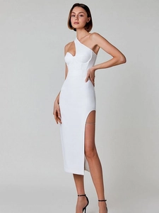 Elegant white one-shoulder bodycon dress with thigh slit and rhinestone strap detail