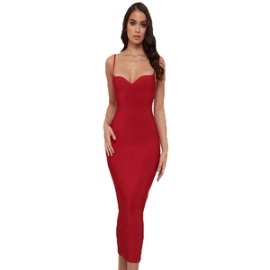Elegant red bandage bodycon midi dress with spaghetti straps and sweetheart V-neckline