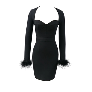 Women Long Sleeve Feather Trim Mini Dress Corset Sweetheart Neck Bodycon Slim Fit Solid Color Sexy Elegant Party Dress