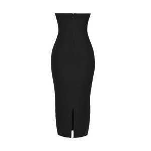 Trägerloses rückenfreies schwarzes Midikleid für Damen mit Schlitz und Reißverschluss