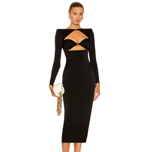 Sexy black long sleeve midi dress featuring cutout chest design and padded shoulders