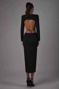 Detailed back view of a black backless long sleeve dress with elegant cutout and tie detail