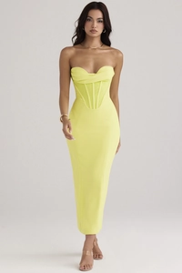Robe Maxi Corset Sexy sans Bretelles pour Femmes Jaune Néon Fente Haute Moulante Tube Top Soirée Robe Longue Slim Fit