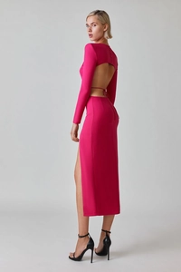 Elegant rose pink backless long sleeve maxi dress with high slit and button details