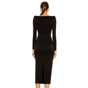 Elegant slim fit long sleeve black midi dress with back slit detail for women