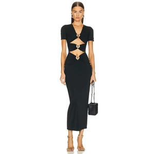 Abito Maxi da Donna Nero Scollo a V Intagliato Con Anelli di Metallo Manica Corta Bodycon Vestibilità Aderente Elegante