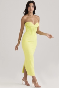 Élégante robe tube jaune fluo style corset avec fente latérale et design long jusqu'au sol