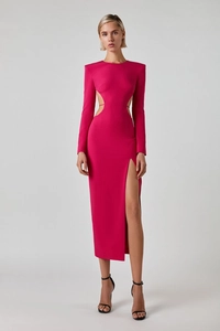 Hot pink long sleeve bandage dress with waist cutouts and high side slit detail