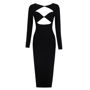 Sexy black long sleeve bodycon dress with hollow-out crisscross neck and ribbed texture