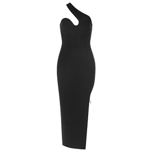 Elegant black one-shoulder midi dress with cut-out neckline and structured bodice