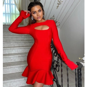 Women Sexy Cut-out Ruffle Hem Flare Sleeve Mini Dress Elegant Solid Color Bodycon Evening Party Nightclub Clubwear Dress