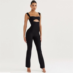 Combinaison Femme Sexy Noire Avec Découpes Sans Manches Col Carré Dos Nu Bandage Coupe Ajustée Jambe Évasée Fête