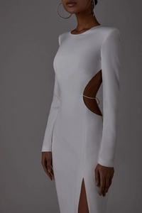 White long sleeve bodycon dress with waist cutouts and side slit for women