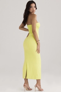 Robe longue bustier jaune citron avec baleines de corset et fente arrière élégante et chic