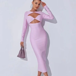 Elegant lavender long sleeve bodycon midi dress with front cutout detail for women