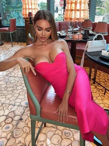 Detailed view of fuchsia strapless sweetheart neckline dress with side slit design