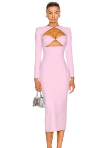 Detail of pink long sleeve bodycon dress with sexy crisscross cut-out neckline