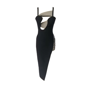 Black sexy bodycon dress with sheer mesh cut-outs and asymmetric hem for evening party
