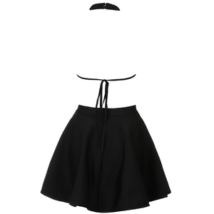 Mini robe noire dos nu à licou pour femme avec ourlet à volants et lacets au dos