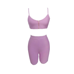 Women's purple 2-piece sportswear set with zip-front camisole and high-waist cycling shorts