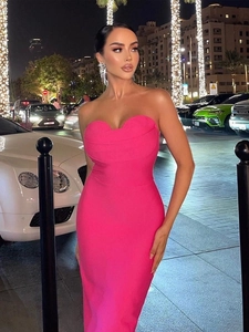 Detail of rose pink strapless dress with sweetheart neckline and bodycon slim fit design
