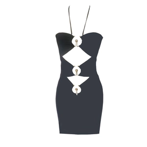Robe mini noire dos nu à découpes avec anneaux argentés et détails de boules en métal