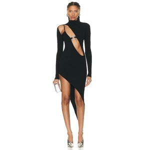 Women Sexy Black Hollow Out Asymmetrical Maxi Dress High Neck Long Sleeve Rhinestone Buckle Ribbed Bodycon Evening Gown